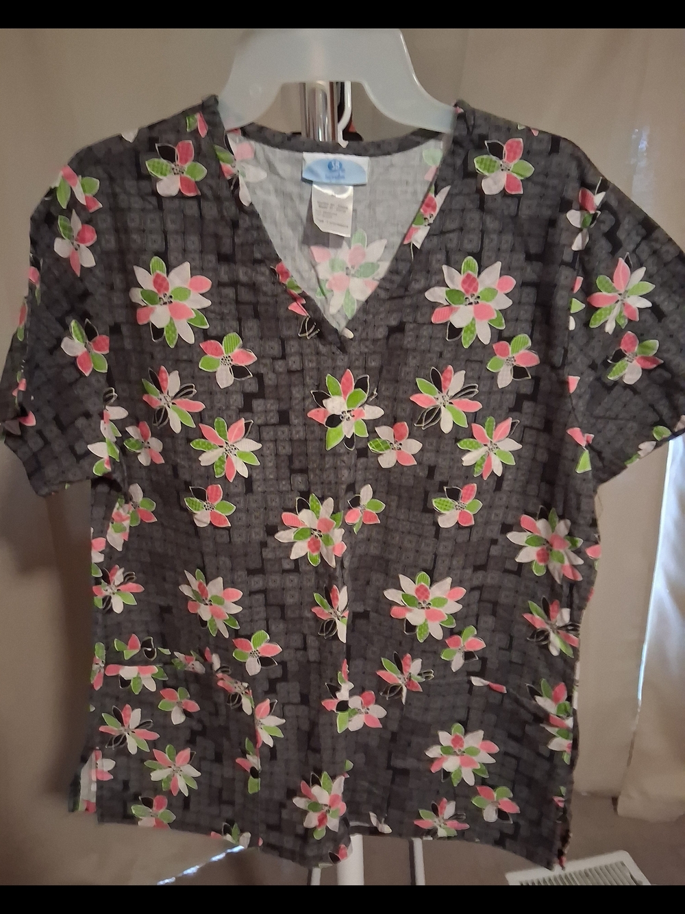 SB Scrubs Gray Button-Down Floral V-Neck Top with Pink & Green Accents